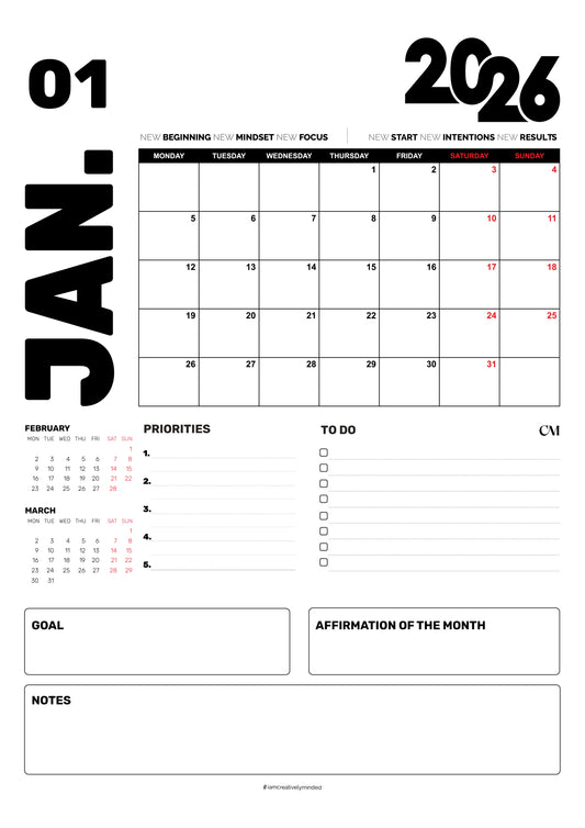 2026 Monthly Calendar | Year Calendar | Minimalist Calendar | Notes, Goals & Motivational Quote | A4 | Instant Download